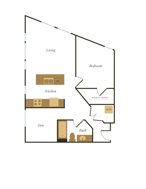 Floor plan for 1 bed, 1 bath, 853 sqft